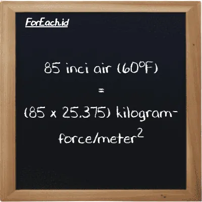 Cara konversi inci air (60<sup>o</sup>F) ke kilogram-force/meter<sup>2</sup> (inH20 ke kgf/m<sup>2</sup>): 85 inci air (60<sup>o</sup>F) (inH20) setara dengan 85 dikalikan dengan 25.375 kilogram-force/meter<sup>2</sup> (kgf/m<sup>2</sup>)